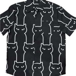 Black Cat Print Button-Up Shirt